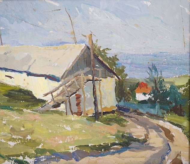 Ukrainian school, two oils on board, Rural landscapes, details verso, including ‘Basiel Mazur (Vasiliy Fyodorovich)’, largest 22.5 x 25cm. Condition - good